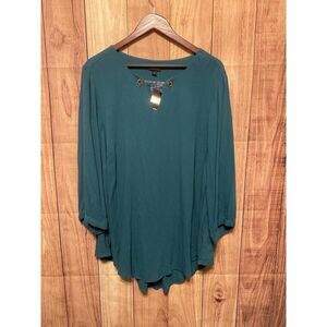 Torrid 2X Blouse NWT Teal Georgette Flowy Chiffon Blouse 3/4 Sleeve Gold Keyhole
